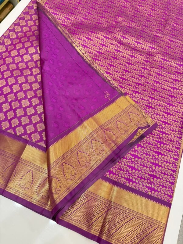 Royal Purple Banarasi Silk Saree with Gold Zari Leaf Motifs - Image 2
