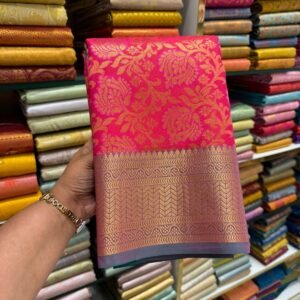 Pink Kanchipuram Silk Saree with Golden Zari Floral Weave