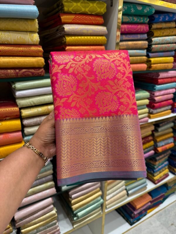 Pink Kanchipuram Silk Saree with Golden Zari Floral Weave