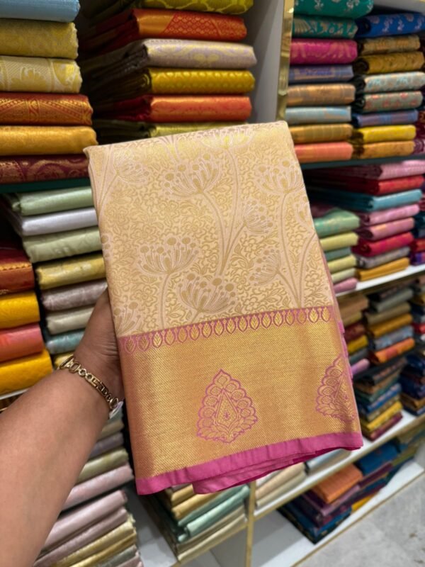 Elegant Golden Kanjivaram Silk Saree with Pink Border