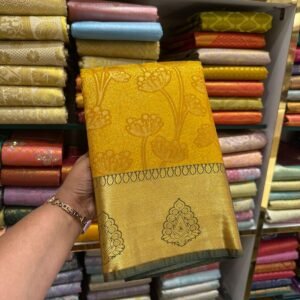 Golden Yellow Kanjivaram Silk Saree with Zari Floral Weaving & Contrast Border