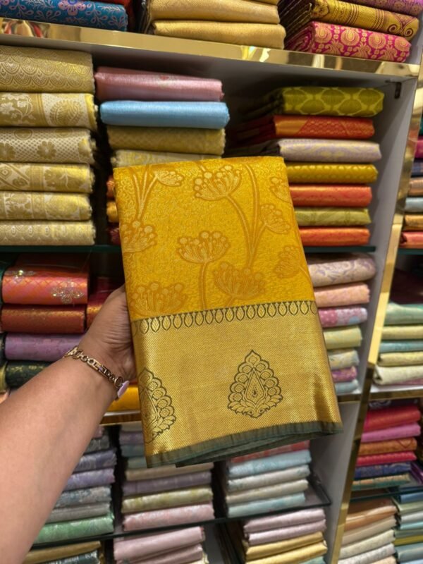 Golden Yellow Kanjivaram Silk Saree with Zari Floral Weaving & Contrast Border