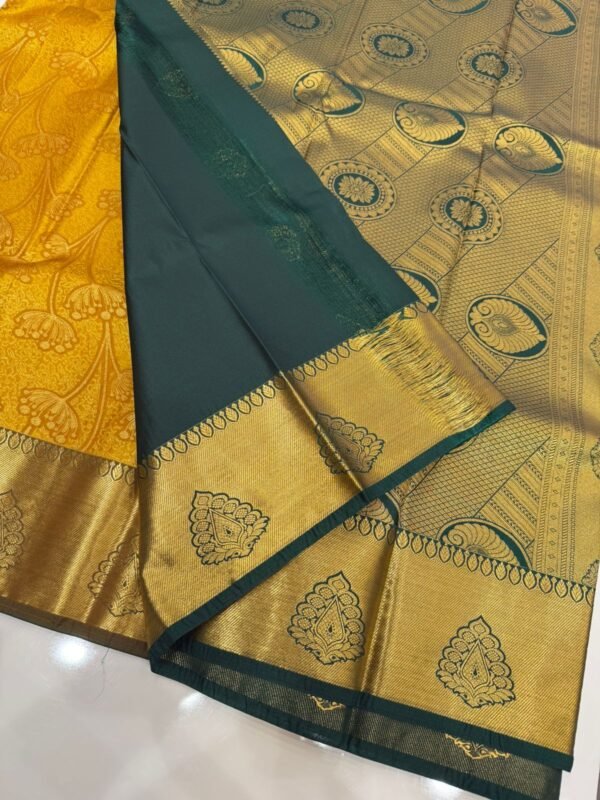 Golden Yellow Kanjivaram Silk Saree with Zari Floral Weaving & Contrast Border - Image 2