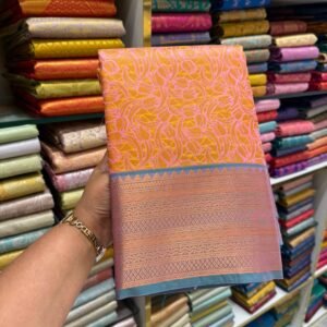 Vibrant Orange & Pink Kanjivaram Silk Saree with Blue Contrast Border
