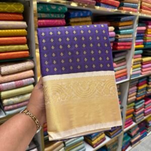 Regal Purple & Cream Kanjivaram Silk Saree with Golden Zari Work
