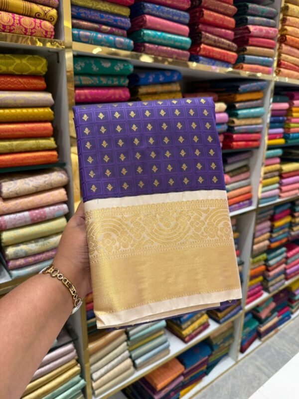 Regal Purple & Cream Kanjivaram Silk Saree with Golden Zari Work