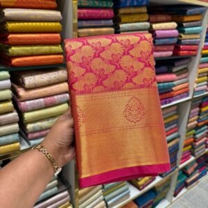 Rich Rani Pink & Orange Kanjivaram Silk Saree with Golden Zari Weaving