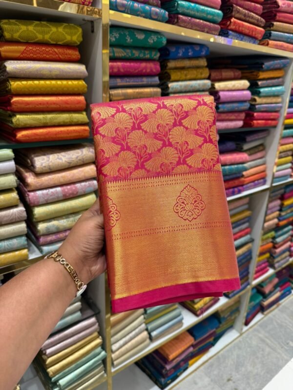 Rich Rani Pink & Orange Kanjivaram Silk Saree with Golden Zari Weaving