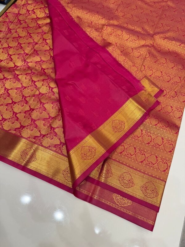 Rich Rani Pink & Orange Kanjivaram Silk Saree with Golden Zari Weaving - Image 2
