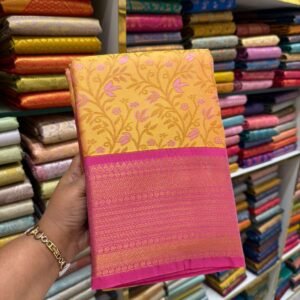Golden Yellow Kanjivaram Silk Saree with Pink Floral Zari & Contrast Border