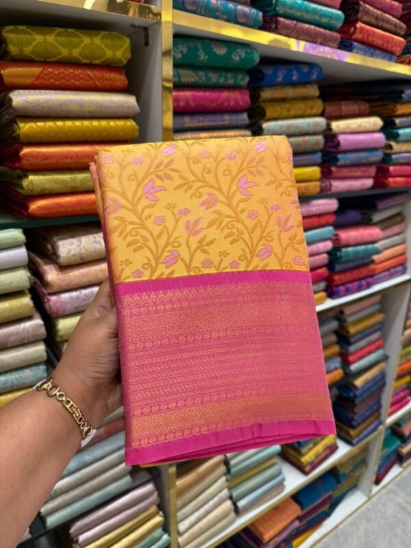 Golden Yellow Kanjivaram Silk Saree with Pink Floral Zari & Contrast Border