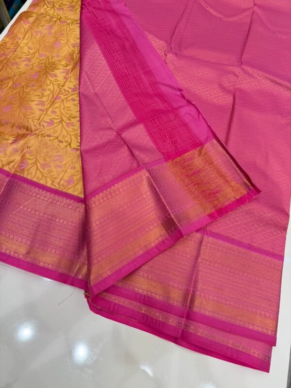 Golden Yellow Kanjivaram Silk Saree with Pink Floral Zari & Contrast Border - Image 2