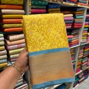 Sunshine Yellow Kanjivaram Silk Saree with Sky Blue Contrast Border