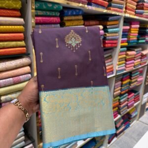 Royal Purple Kanjivaram Silk Saree with Sky Blue Zari Border