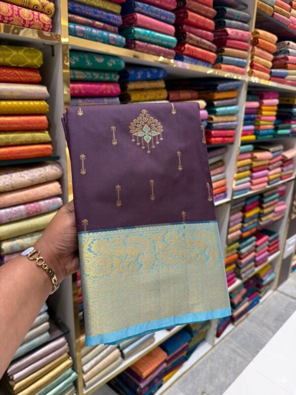 Royal Purple Kanjivaram Silk Saree with Sky Blue Zari Border