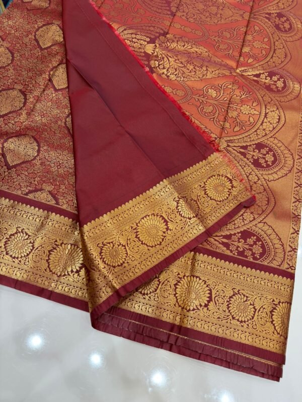 Majestic Maroon Kanjivaram Silk Saree with Grand Zari Floral Border - Image 2