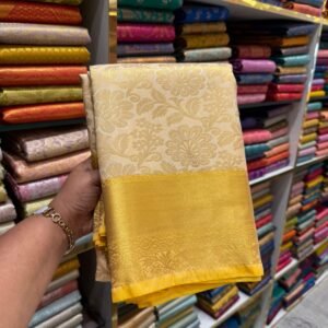 Ivory & Golden Yellow Kanjivaram Silk Saree with Floral Zari Weaving
