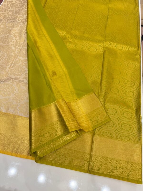 Ivory & Golden Yellow Kanjivaram Silk Saree with Floral Zari Weaving - Image 2
