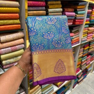 Royal Blue & Gold Kanjivaram Silk Saree with Purple Border