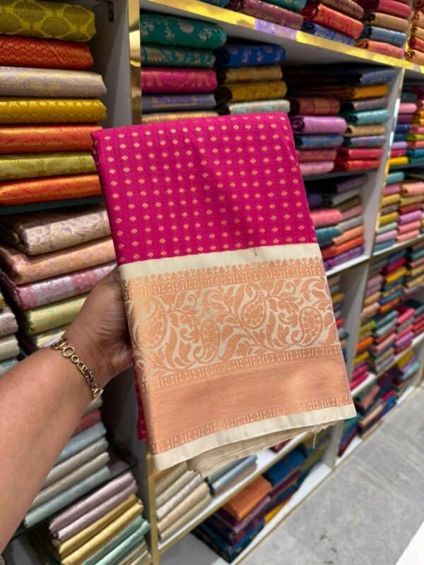 Rani Pink Kanjivaram Silk Saree with Peach Zari Border