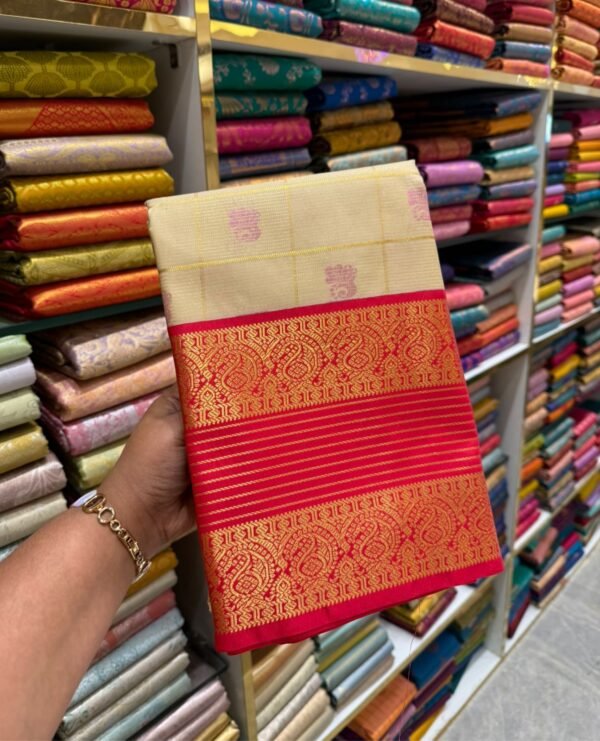 Ivory & Red Kanjivaram Silk Saree with Traditional Zari Border
