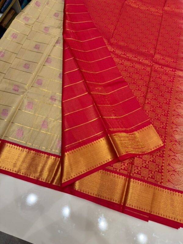 Ivory & Red Kanjivaram Silk Saree with Traditional Zari Border - Image 2