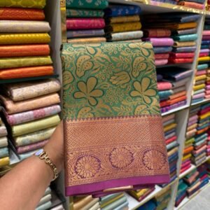 Emerald Green Kanjivaram Silk Saree with Purple Zari Border