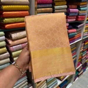 Peach Kanjivaram Silk Saree with Golden Zari Honeycomb Weaving