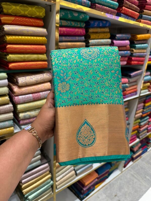 Teal Green Kanjivaram Silk Saree with Golden Zari Border