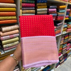 Red Kanjivaram Silk Saree with Baby Pink Zari Border