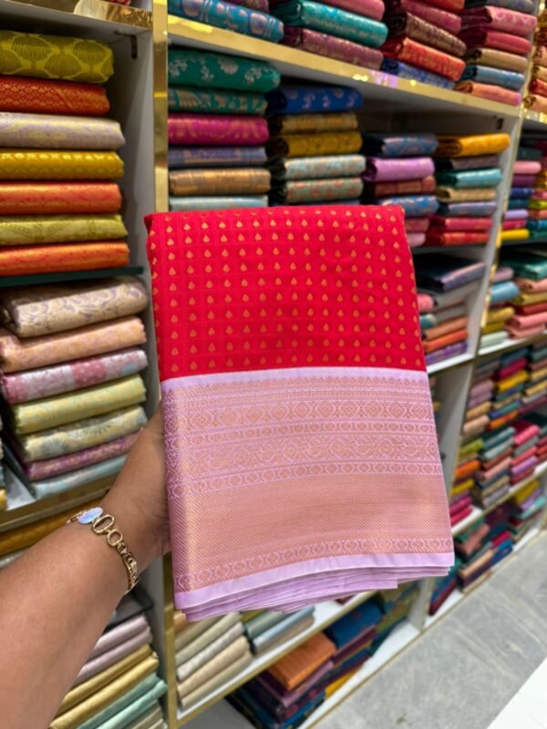 Red Kanjivaram Silk Saree with Baby Pink Zari Border