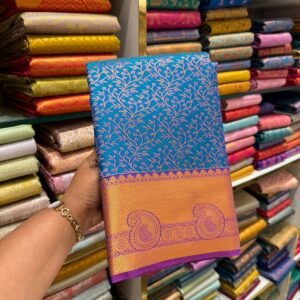 Royal Blue Kanjivaram Silk Saree with Orange Zari Border & Paisley Motifs