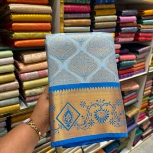 Sky Blue Kanjivaram Silk Saree with Royal Blue & Gold Zari Border