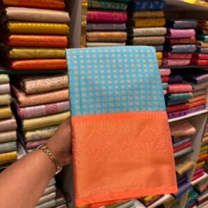 Aqua Blue Kanjivaram Silk Saree with Bright Orange Border