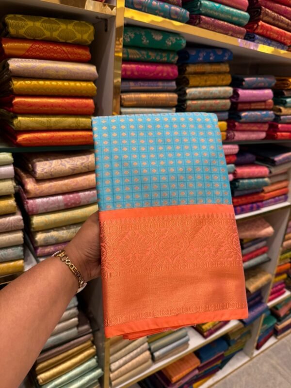 Aqua Blue Kanjivaram Silk Saree with Bright Orange Border