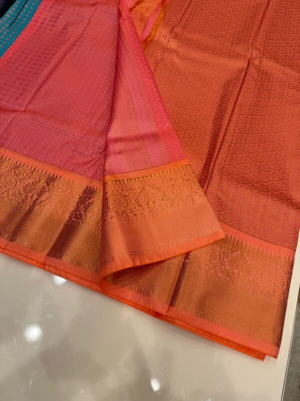 Aqua Blue Kanjivaram Silk Saree with Bright Orange Border - Image 2