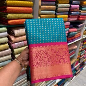 Teal Green Kanjivaram Silk Saree with Pink Zari Border