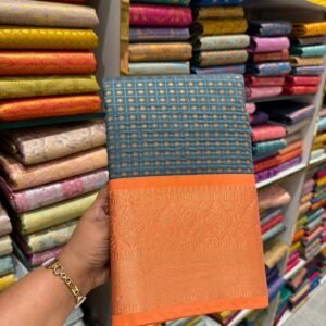 Steel Grey Kanjivaram Silk Saree with Orange Zari Border