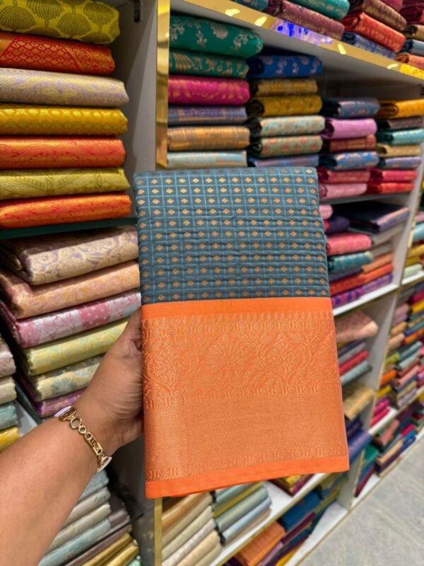 Steel Grey Kanjivaram Silk Saree with Orange Zari Border
