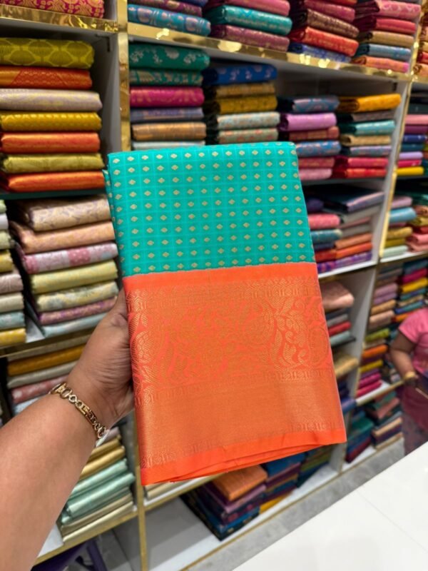 Teal Green Kanjivaram Silk Saree with Orange Zari Border