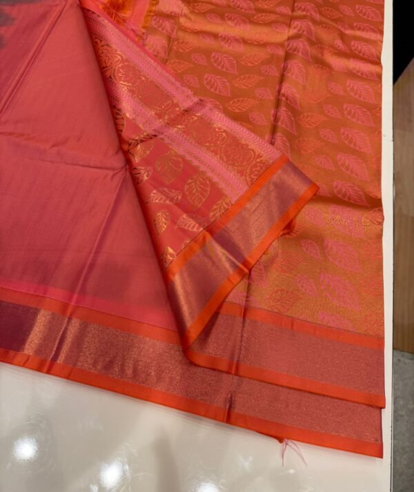 Teal Green Kanjivaram Silk Saree with Orange Zari Border - Image 2