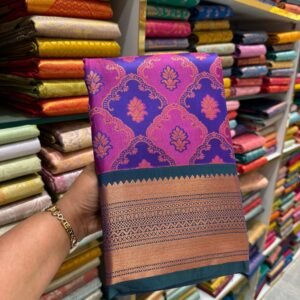 Royal Purple & Pink Kanjivaram Silk Saree with Copper Zari Border