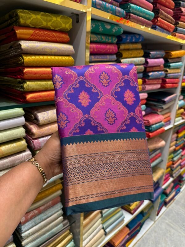 Royal Purple & Pink Kanjivaram Silk Saree with Copper Zari Border