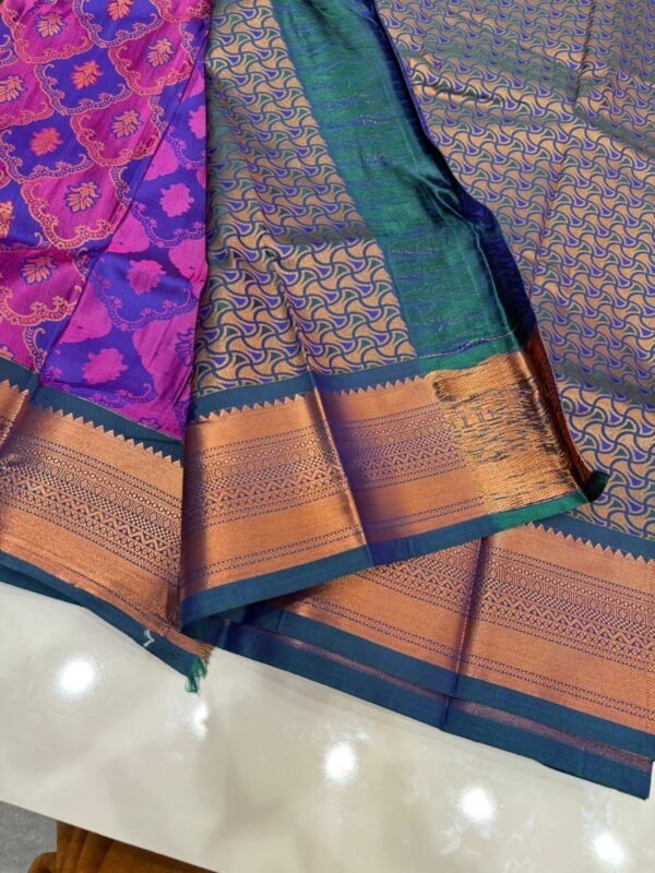Royal Purple & Pink Kanjivaram Silk Saree with Copper Zari Border - Image 2