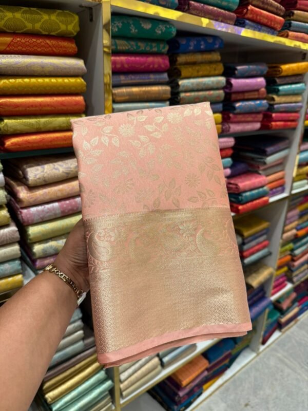 Blush Pink Kanjivaram Silk Saree with Subtle Golden Zari Weave