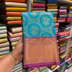 Turquoise Blue Kanjivaram Silk Saree with Violet Zari Border