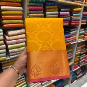 Mustard Yellow Kanjivaram Silk Saree with Orange Zari Border