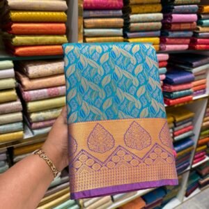 Turquoise Blue Kanjivaram Silk Saree with Golden Zari Leaf Motifs