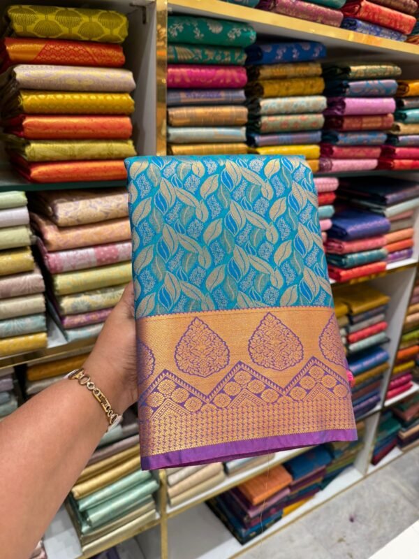 Turquoise Blue Kanjivaram Silk Saree with Golden Zari Leaf Motifs