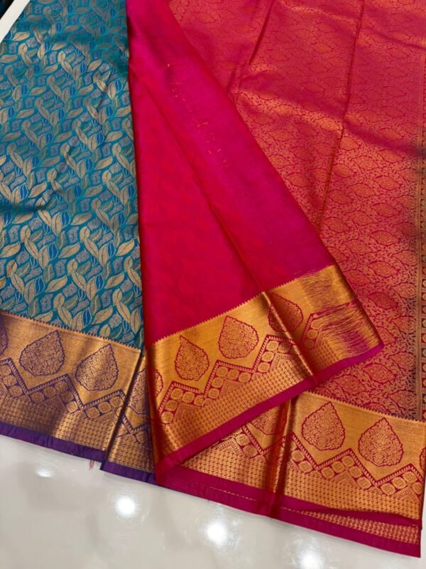 Turquoise Blue Kanjivaram Silk Saree with Golden Zari Leaf Motifs - Image 2